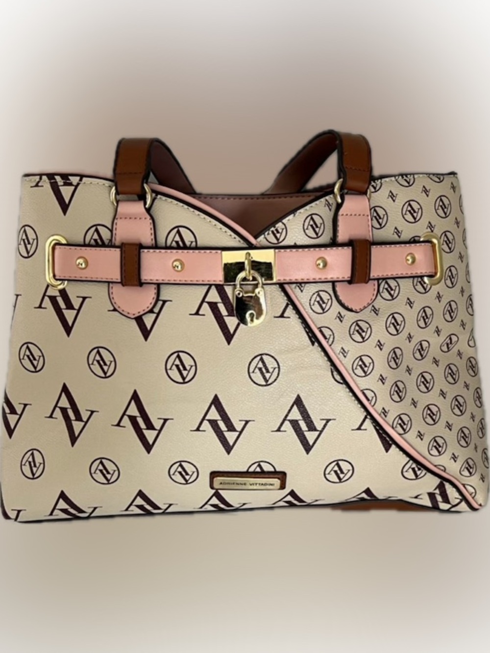 Adrienne Vittadini Beige, Pink & Brown Logo Tote with Gold Hardware - Picture 3 of 11
